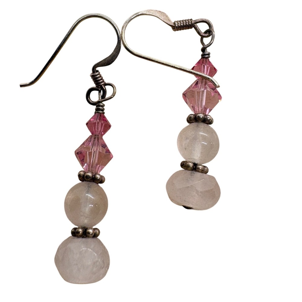 Vintage Sterling Silver Rose Quartz Pink Crystal Drop Earrings 925 Hook